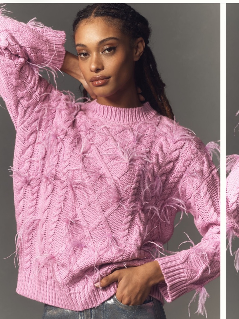 Endless Rose Lilac Cable-Knit Feather-Trim Crewneck Sweater